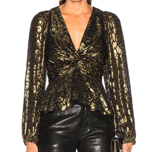 A.L.C. Logan Top Silk Gathered Waist Black/Gold 6 - Picture 3 of 16